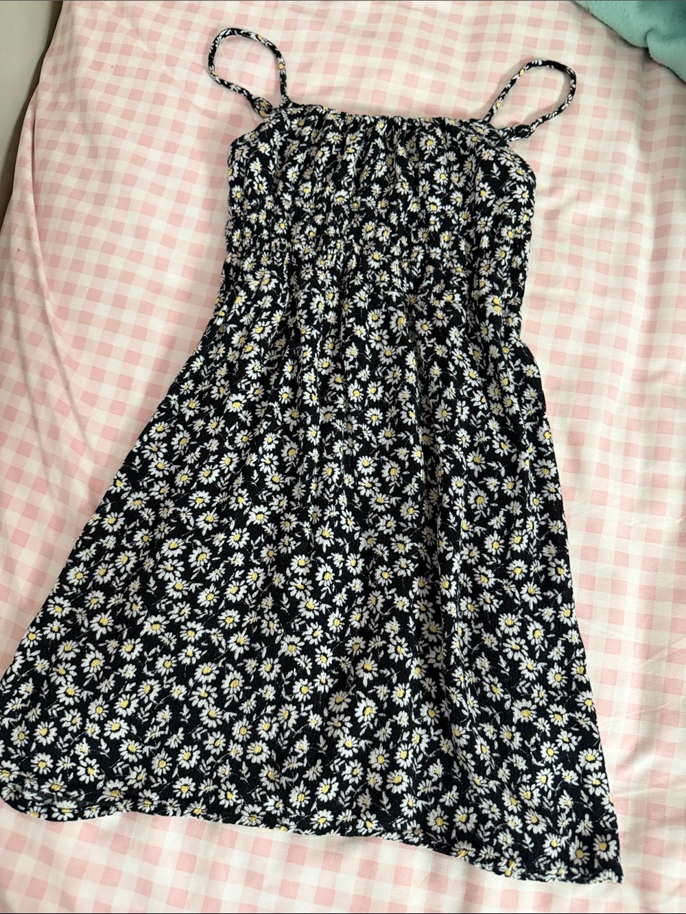 art class Black Daisy Print Sundress with White and Yellow Flowers
